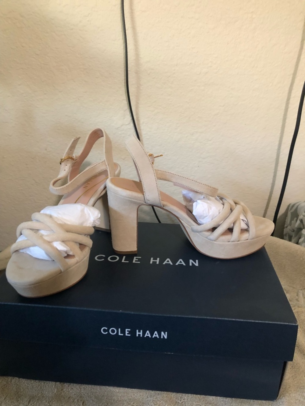 Cole Haan Beige Suede Braided Platform Slingback Heels